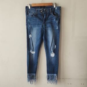 Flying Monkey Cropped Jeans in Faded Blue with Fringe Hem